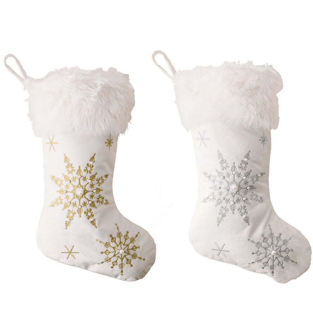 Plush Pearl Snowflake Christmas Stocking – Large Gift Sock (Gold & Silver)