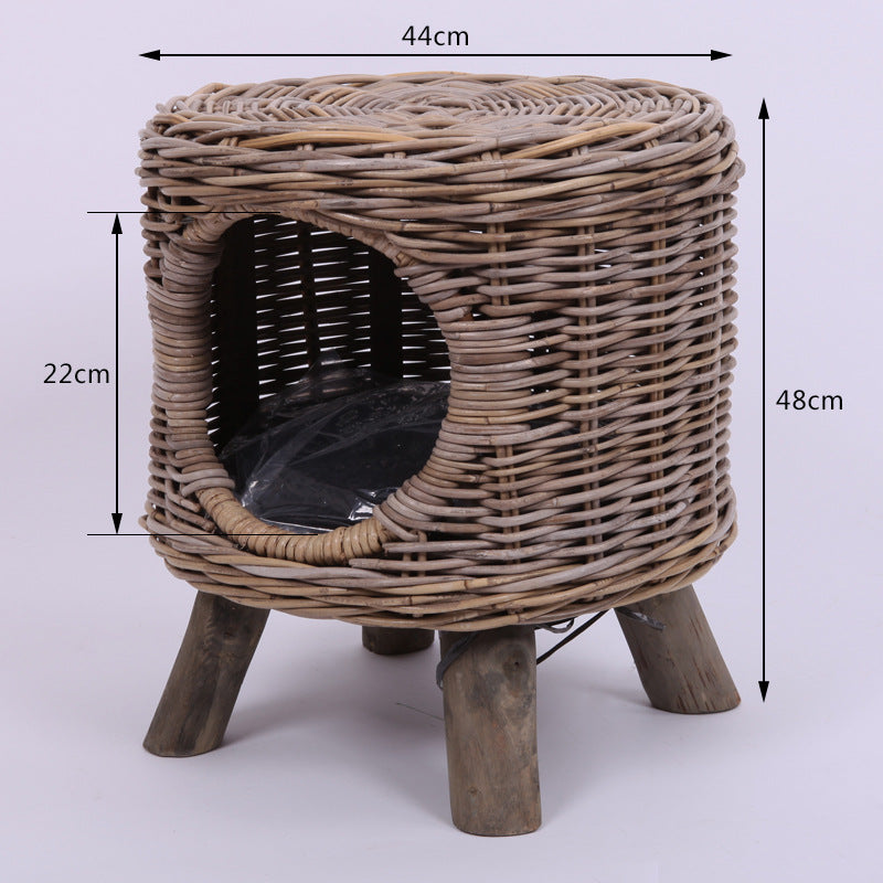 Bamboo Rattan Pet Stool & Cat/Dog Kennel – Round Semi-Enclosed Breathable Pet House