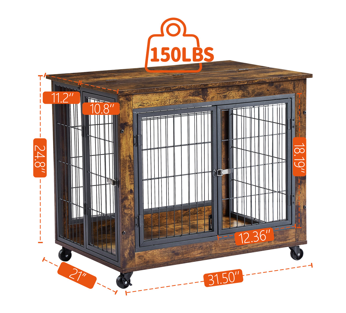 Furniture-Style Dog Crate & Side Table on Wheels – Rustic Brown with Lift Top & Double Doors