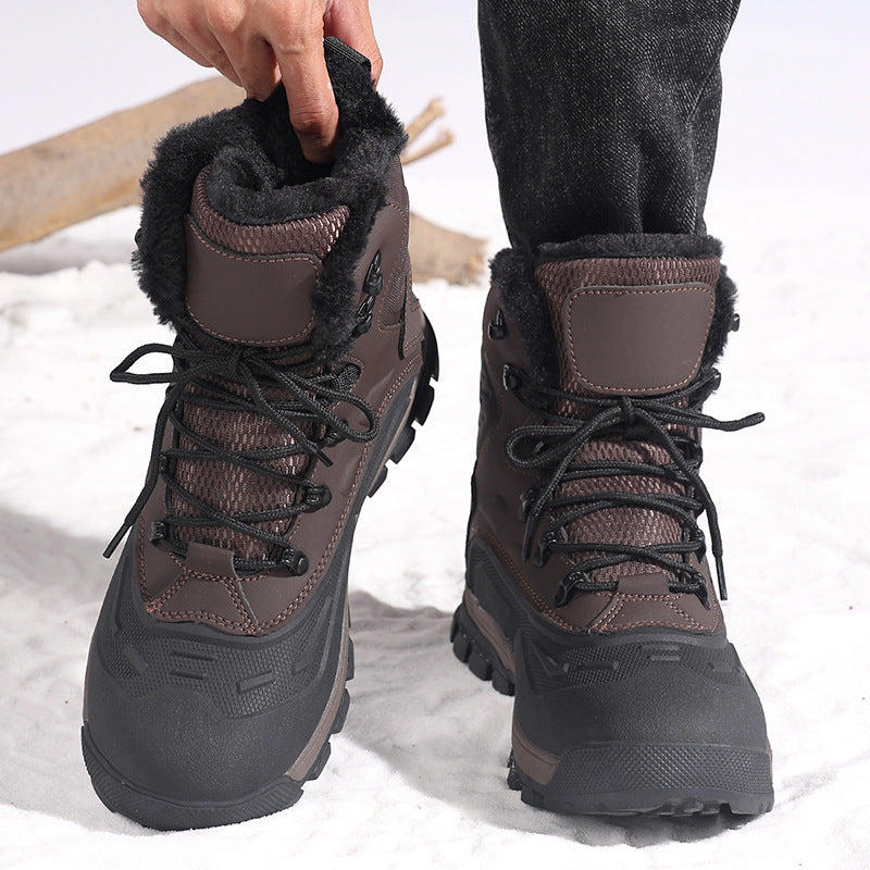Brown winter boots with fur lining worn by a person in a snowy setting