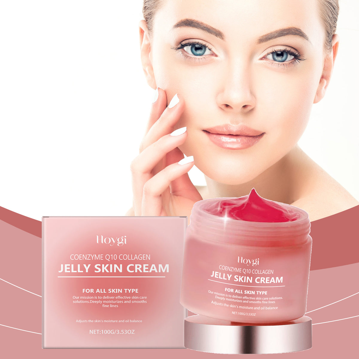 Hoygi Coenzyme Q10 Collagen Jelly Cream in pink jar and box