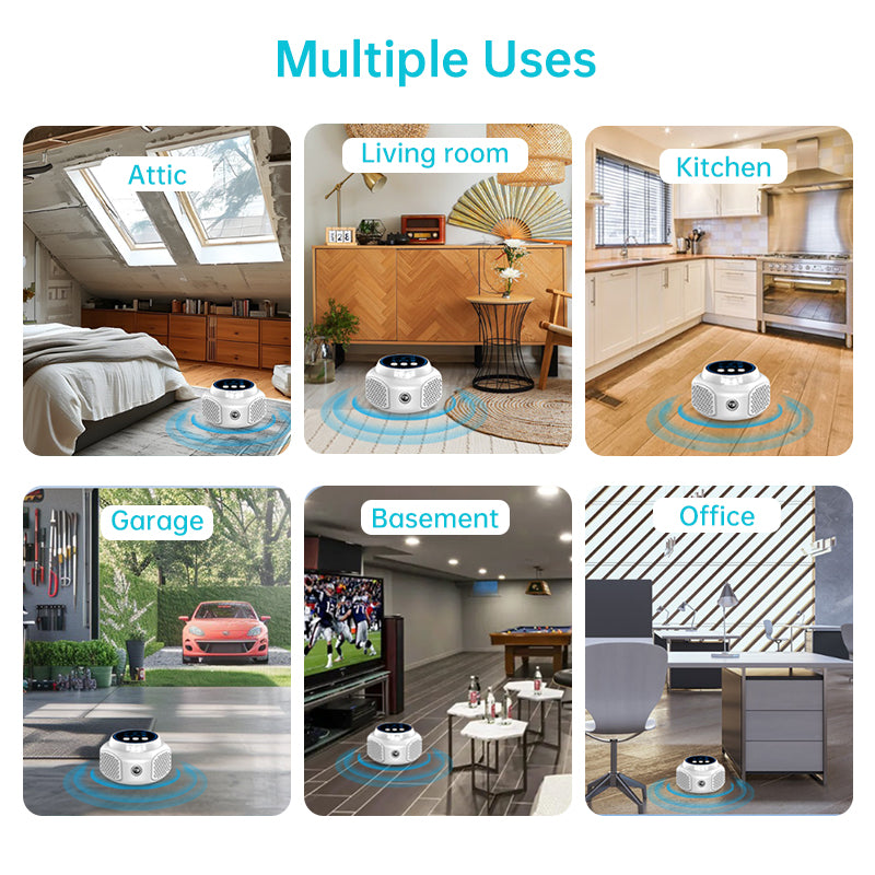 Collage showing white pest repeller use cases in attic, kitchen, and garage