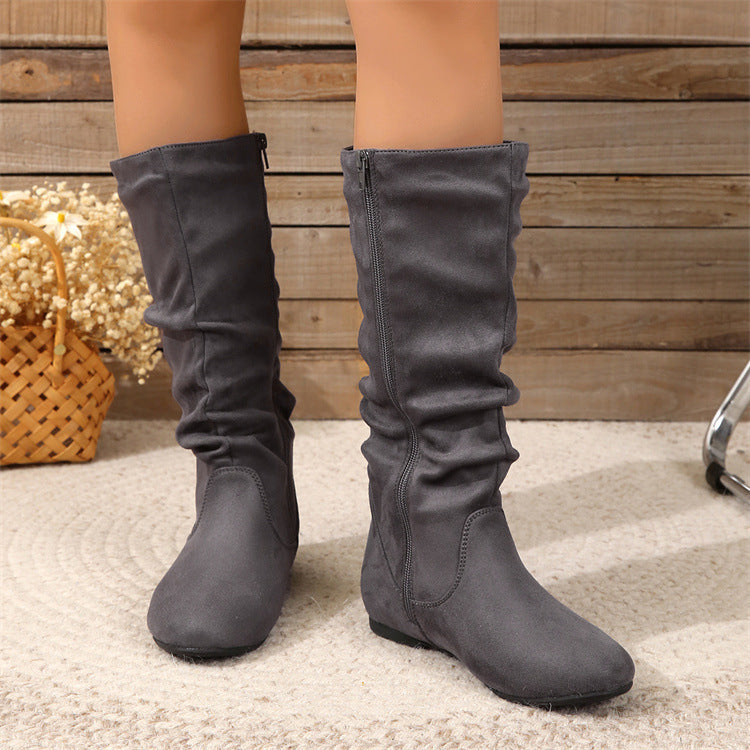 The New Yorker | Women's Slouchy Suede Mid-Calf Flat Boots | Cream