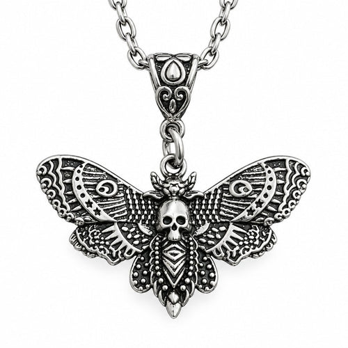 Silver alloy hip hop skull pendant necklace with intricate moth design