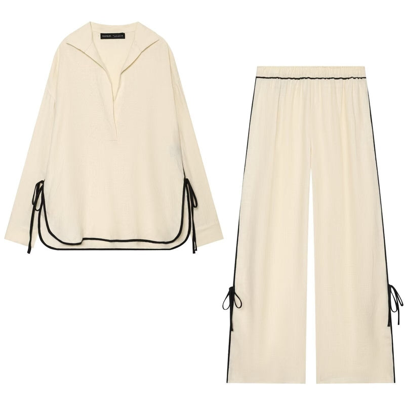 Women’s Linen Two-Piece Shirt & Pants Set – Long Sleeve, Beige