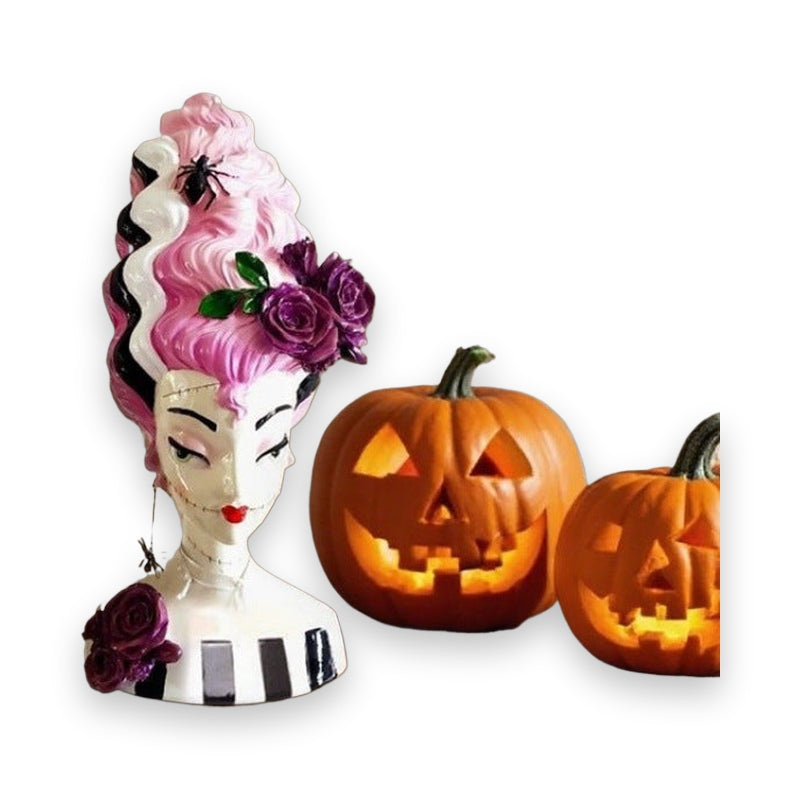 Halloween Pink Frankenstein Bride Half-Body Statue – Resin Home Decor