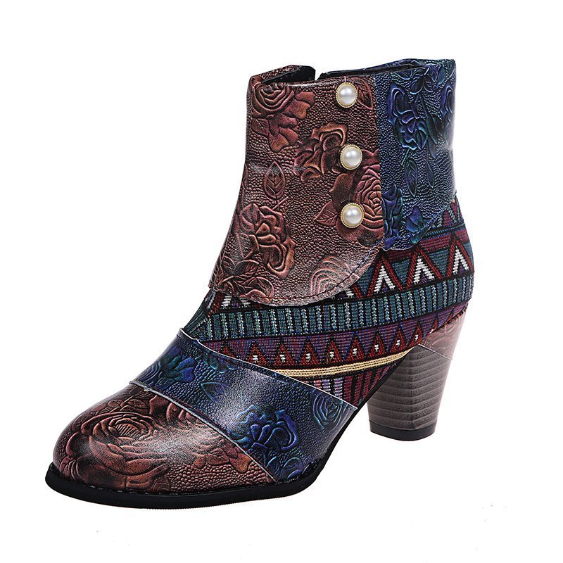 Patchwork ankle boots with gold zipper and pearl-like side buttons