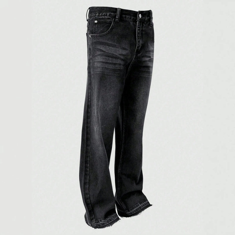 Side view of black relaxed fit cotton pants showing subtle thigh fading