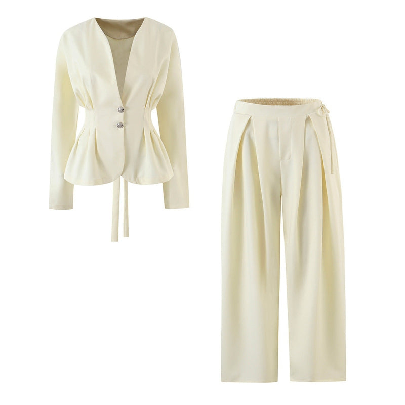 Women’s V-Neck Jacket & Pants Set – Long Sleeve, Beige Co-Ord