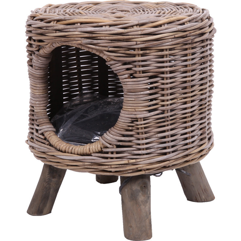 Bamboo Rattan Pet Stool & Cat/Dog Kennel – Round Semi-Enclosed Breathable Pet House