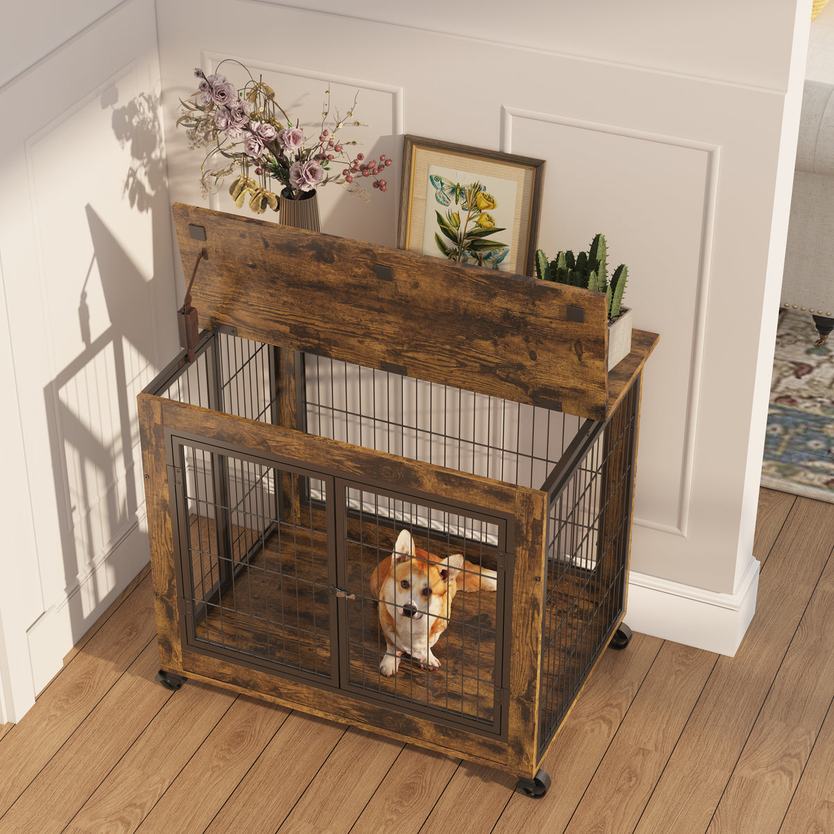 Furniture-Style Dog Crate & Side Table on Wheels – Rustic Brown with Lift Top & Double Doors
