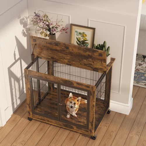 Furniture-Style Dog Crate & Side Table on Wheels – Rustic Brown with Lift Top & Double Doors