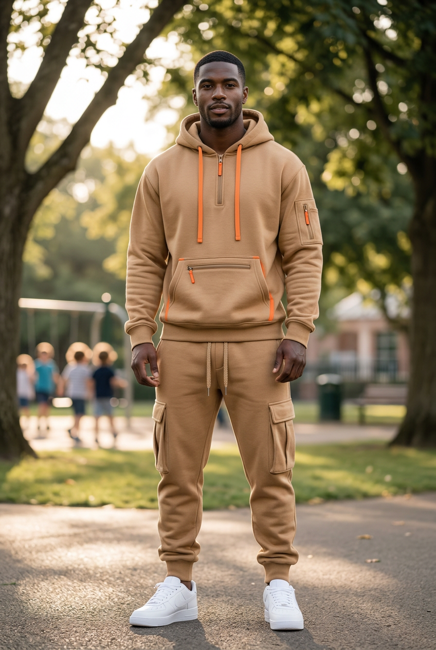 #1 — Black Model Hero, Camel Set, Park Setting
