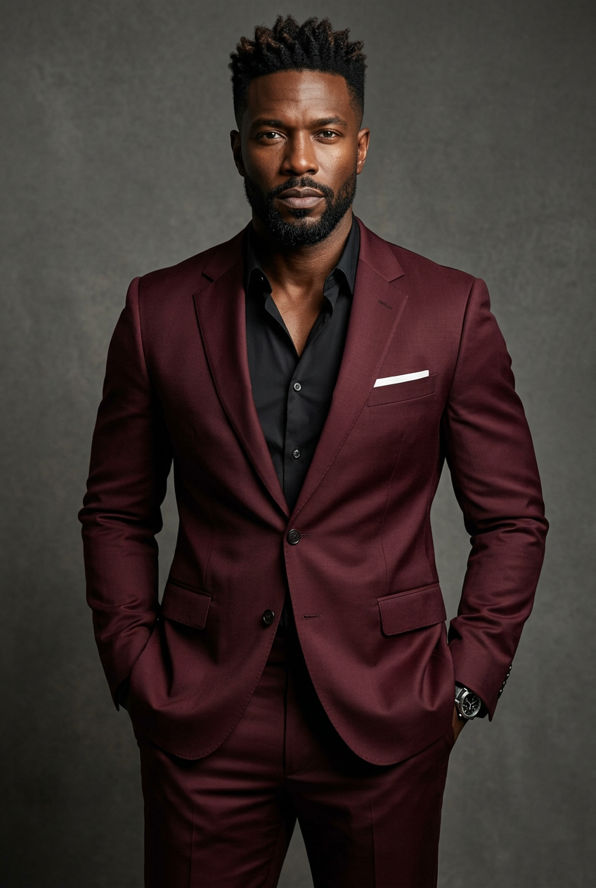 #1 — Black Model Hero, Wine Red Suit, Studio