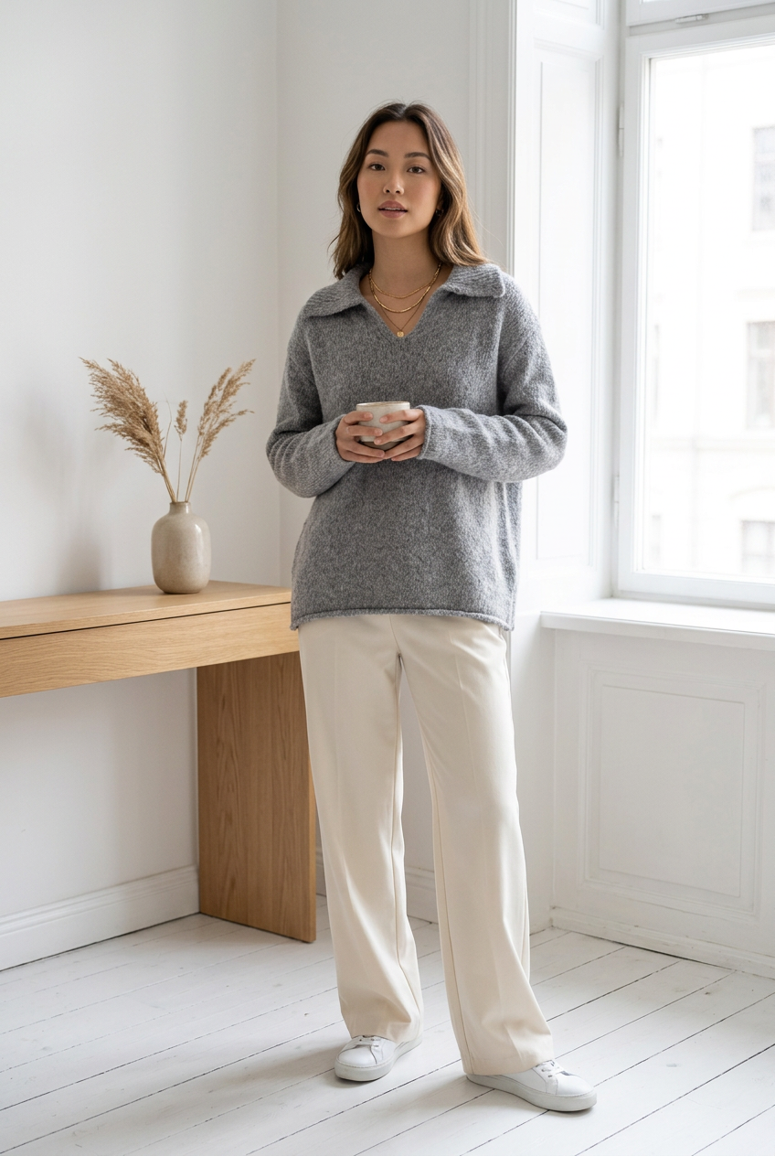 #1 — Lifestyle, Asian Woman, Wide-Leg Trousers, Minimal Interior