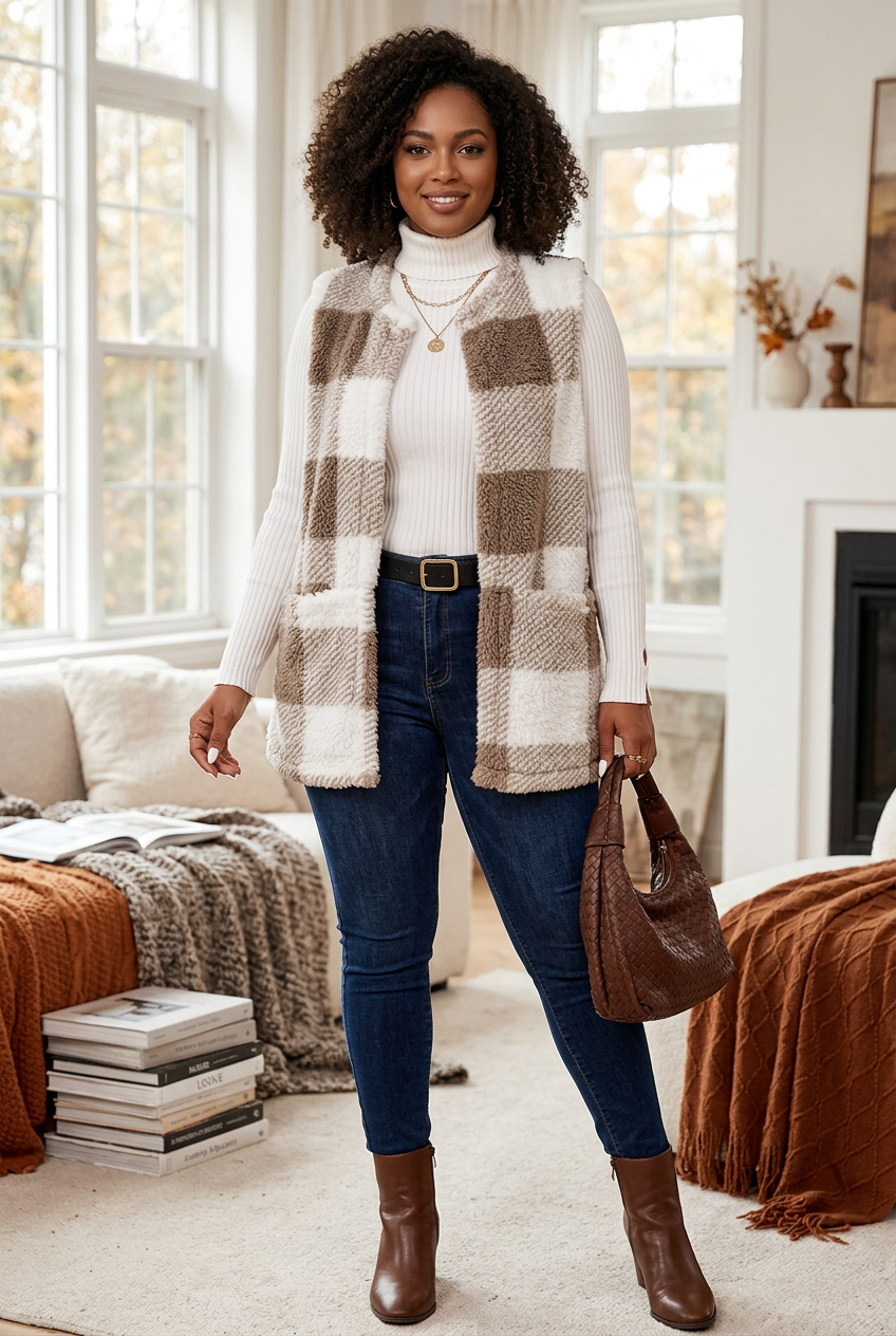 #1 — Lifestyle, Curvy Black Woman, Taupe Plaid, Interior