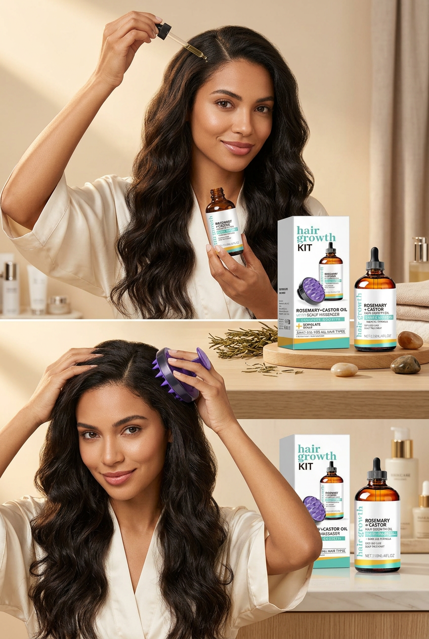 #1 — Lifestyle Hero, Woman Applying Oil & Scalp Massager