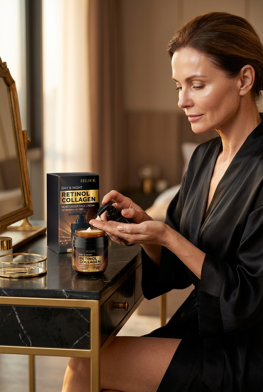 #1 — Lifestyle, White Woman, Black Silk Robe, Evening Vanity