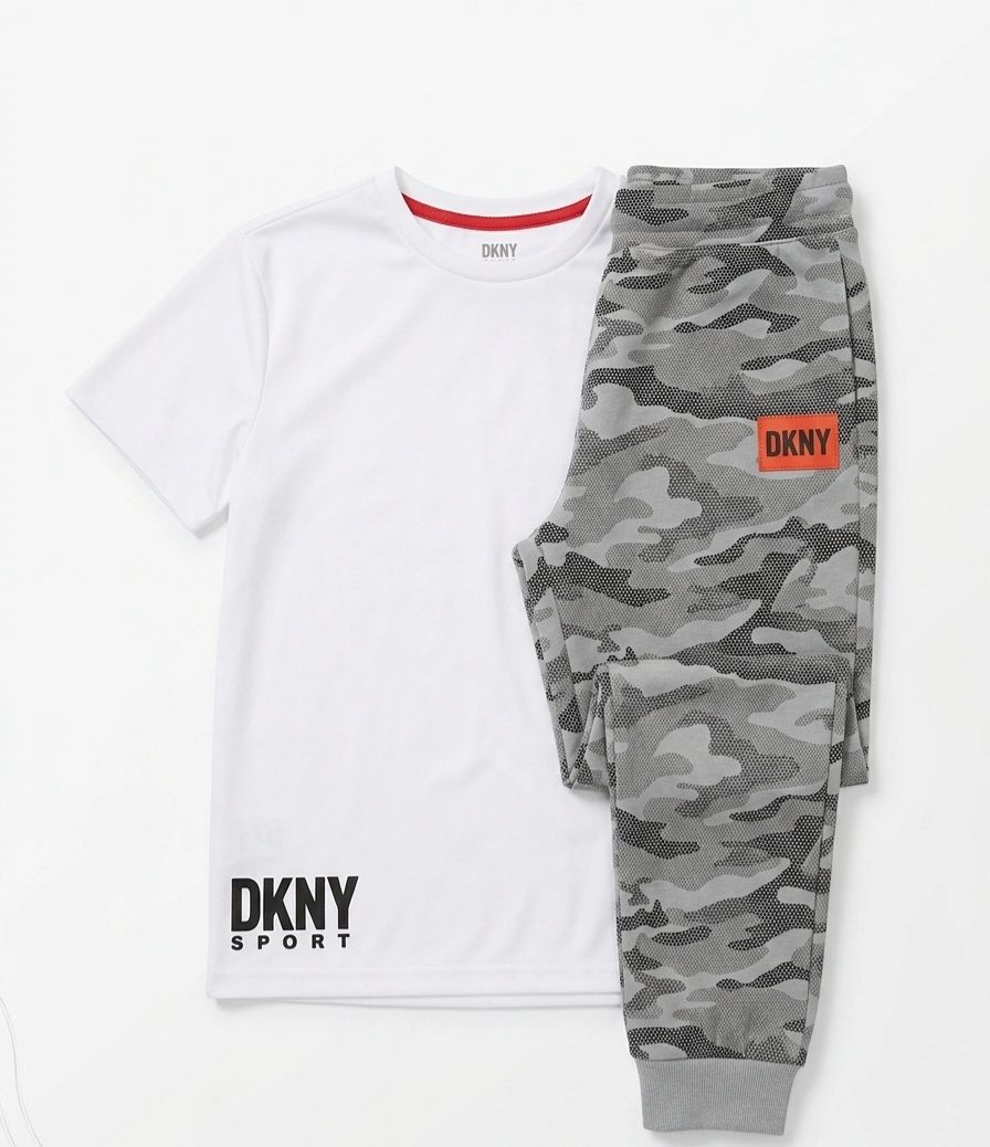 DKNY Sport Boys 2-Piece Activewear Set - White Tee & Camo Joggers (Youth Size 12)