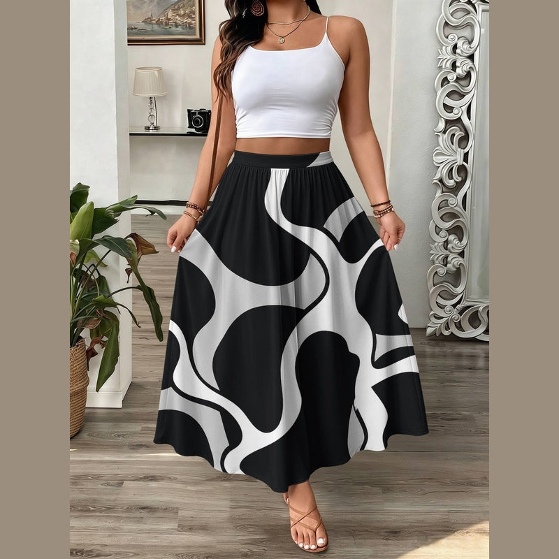 Monochrome Swirl Abstract Print Maxi Skirt with fluid organic shapes