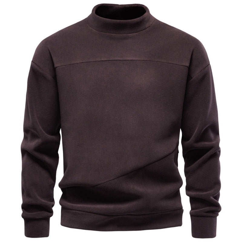 Men's olive green oversized half-collar sweatshirt with diagonal seam detail