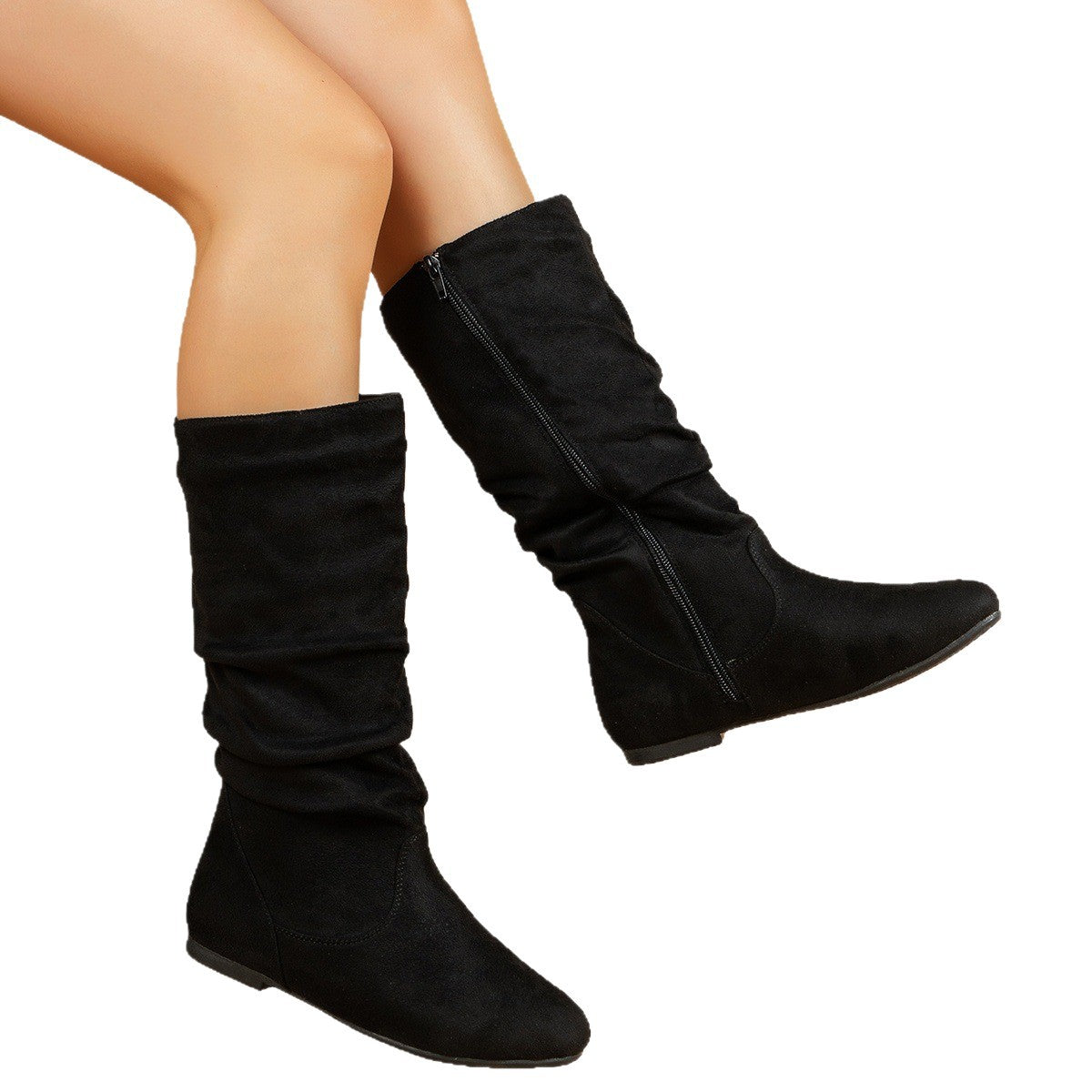 The New Yorker | Women's Slouchy Suede Mid-Calf Flat Boots | Cream