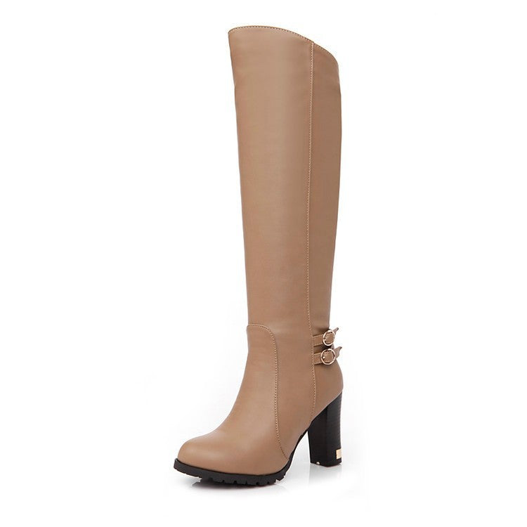 Khaki Manhattan knee-high boot with double ankle buckles and a black block heel, three-quarter view.