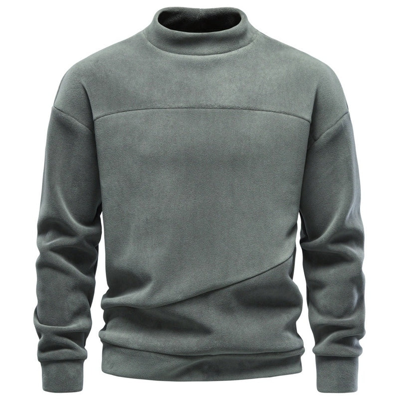 Olive green men's oversized sweatshirt flat lay showing high collar and loose fit silhouette