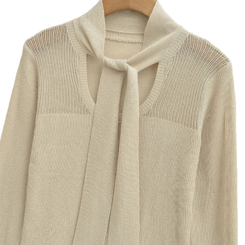 Women's Tie-Neck Wool Blend Knit Top | Slim Fit Long Sleeve Sweater
