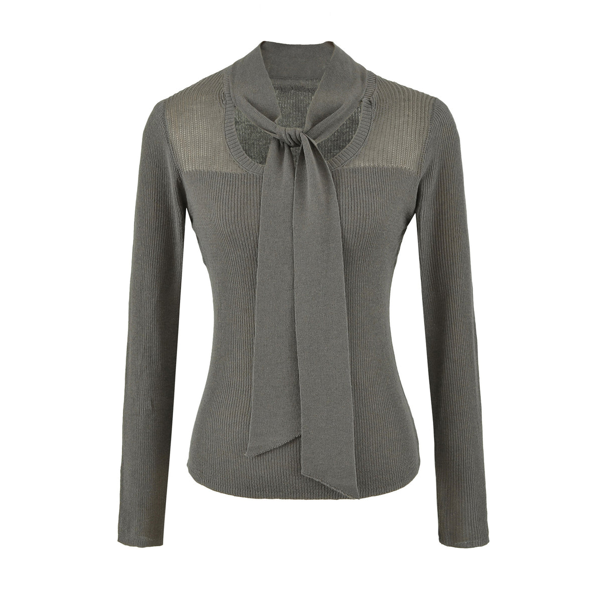 Women's Tie-Neck Wool Blend Knit Top | Slim Fit Long Sleeve Sweater
