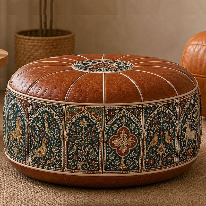 Blue bird and vine motif storage ottoman pouf cover