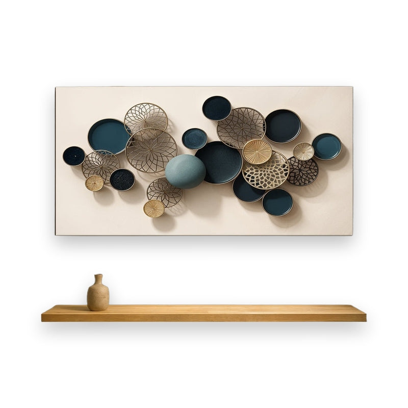 Abstract teal gold canvas mounted above shelf with warm lighting shadows