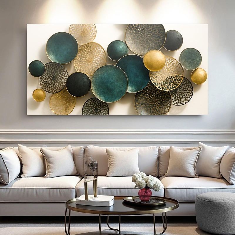 Textured abstract canvas hanging above beige sofa with white pillows and coffee table