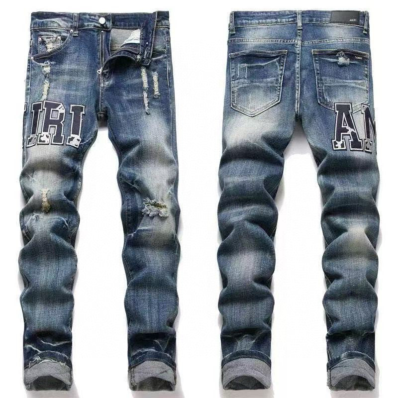 distressed blue jeans front and back view