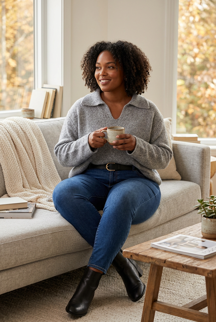 #2 — Lifestyle, Curvy Black Woman, Dark Jeans, Cozy Sofa