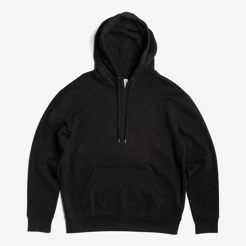Black matte fleece pullover hoodie front pouch pocket design