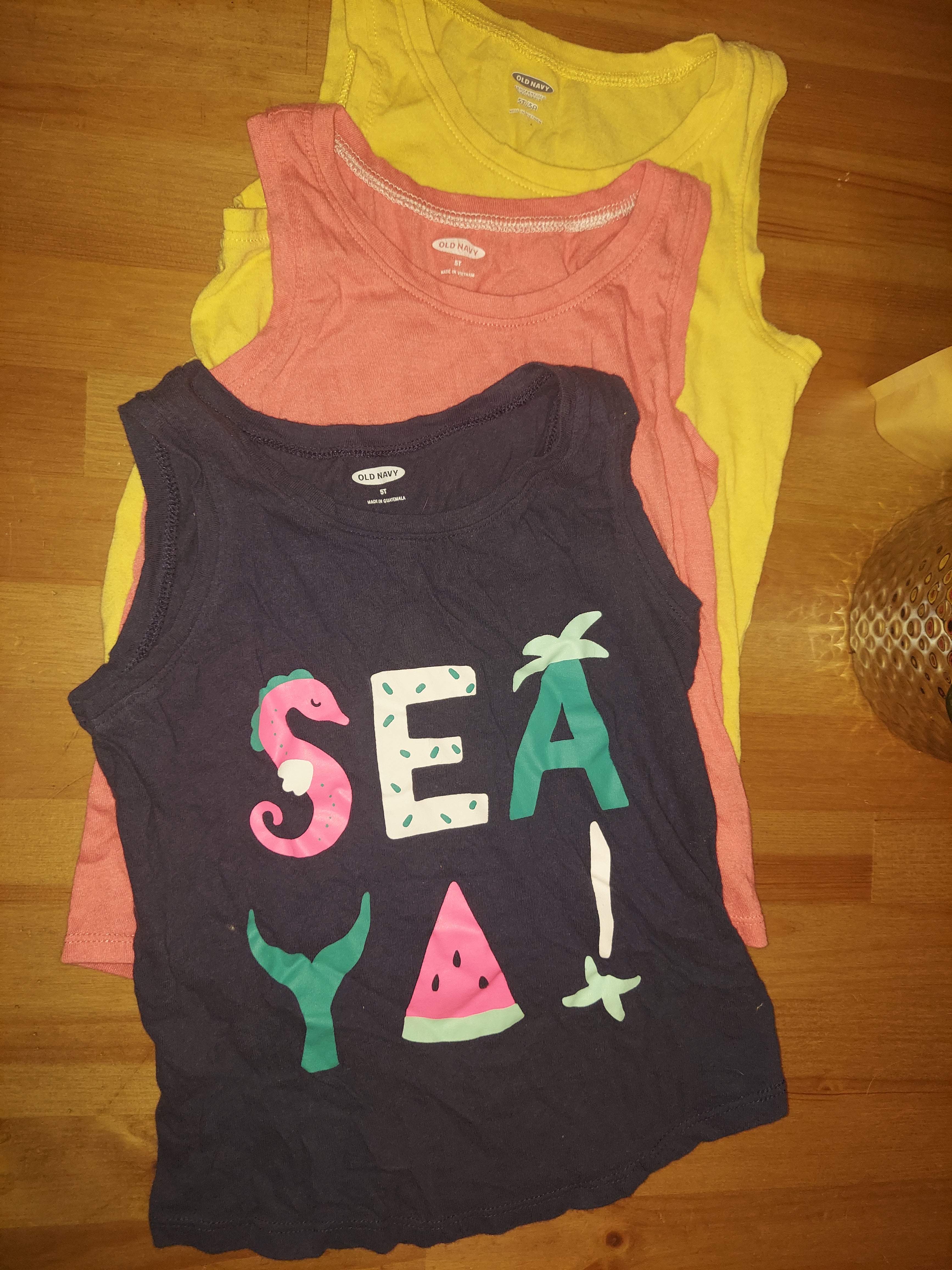 Old Navy Girls "Sea Ya!" Graphic & Solid Tank Top Bundle - 3 Pack (Size 5T)