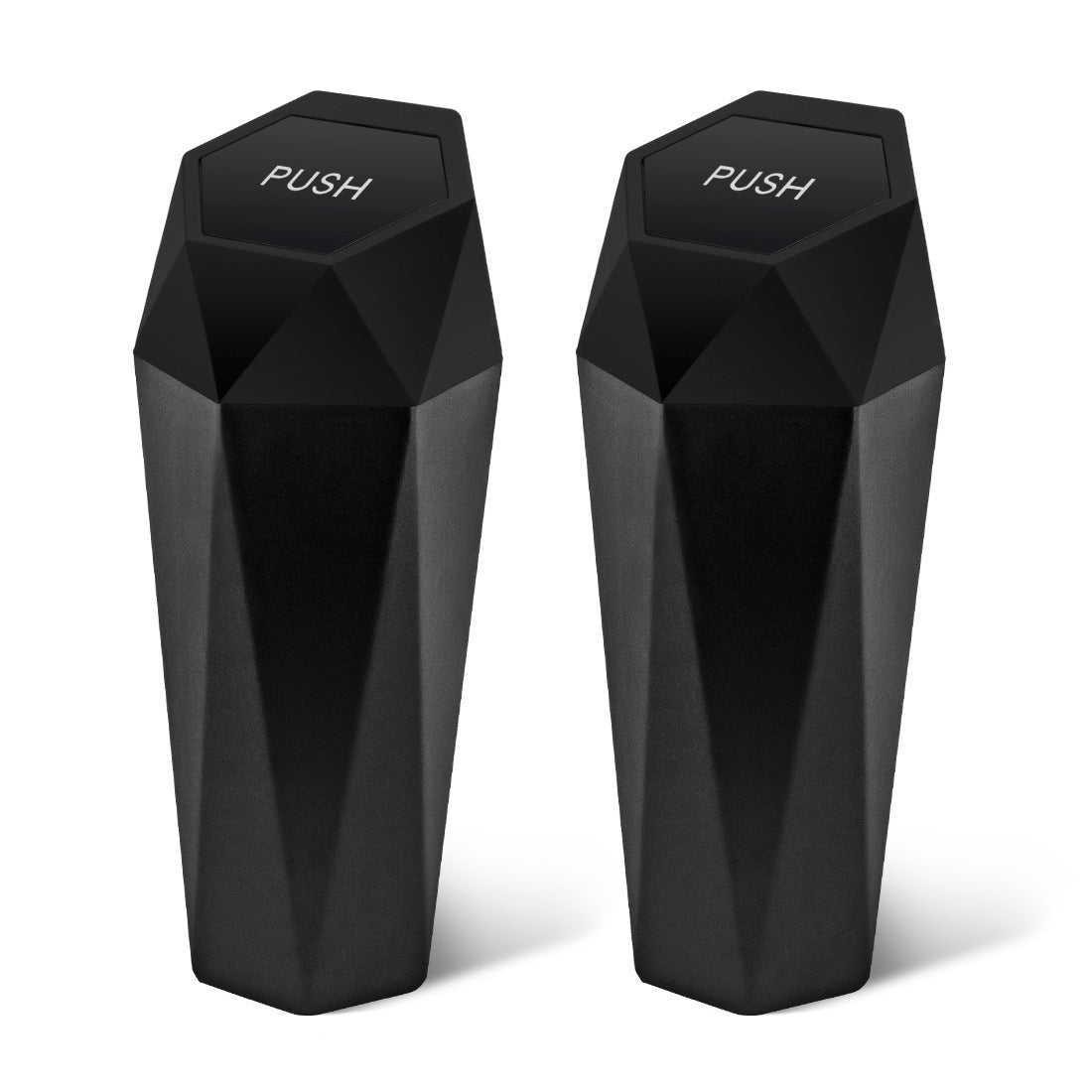 Two black geometric car mini trash bins side by side