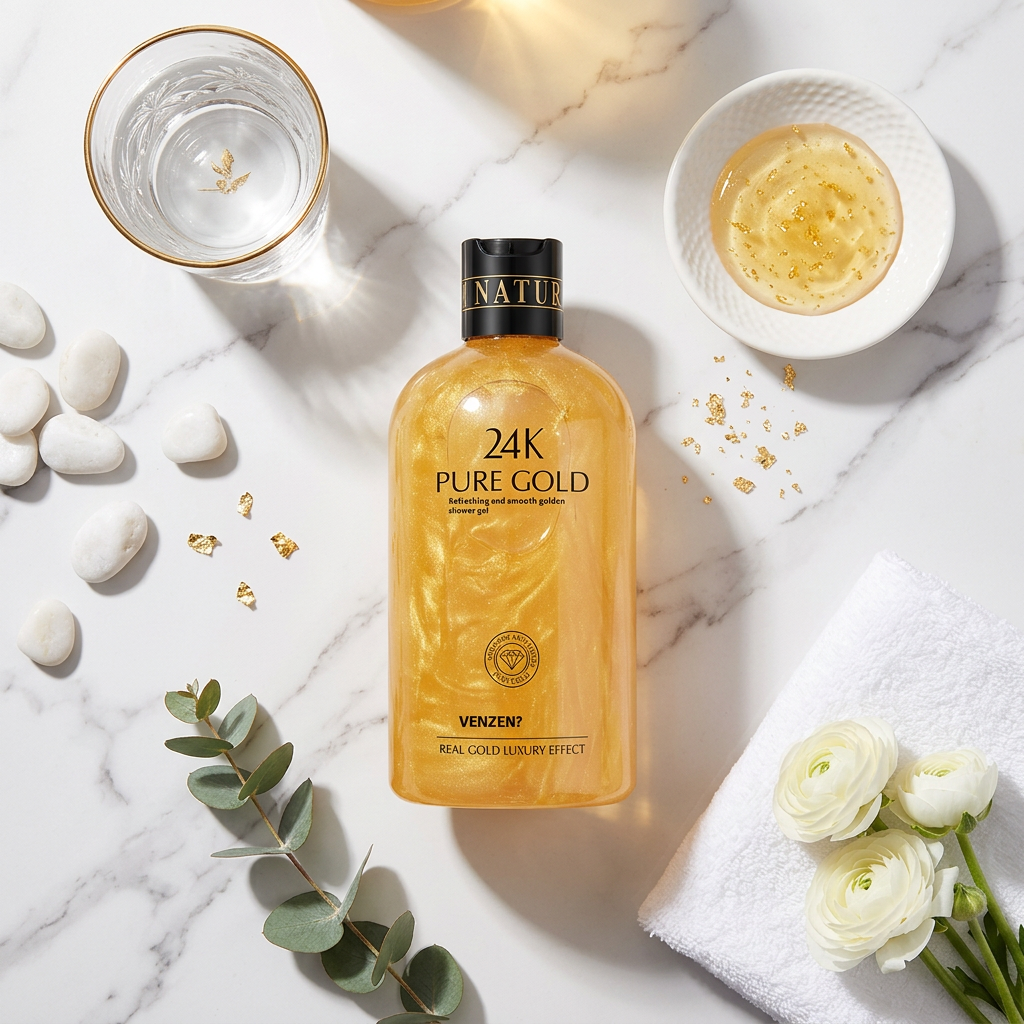 24K Gold Body Wash — White Marble Gold Flat Lay