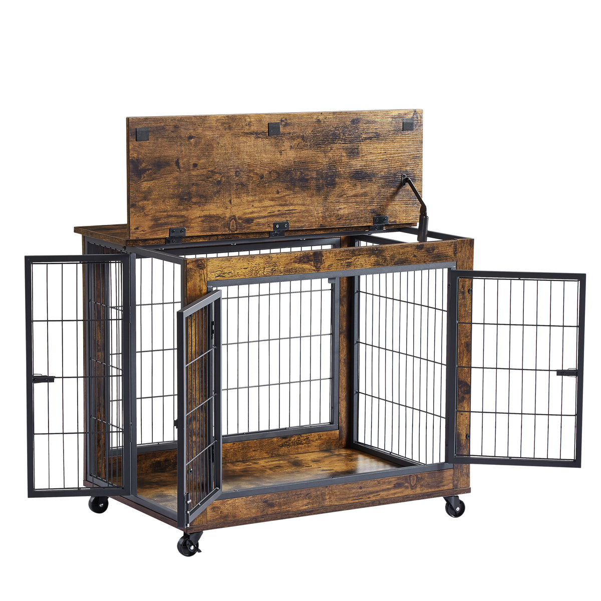 Furniture-Style Dog Crate & Side Table on Wheels – Rustic Brown with Lift Top & Double Doors