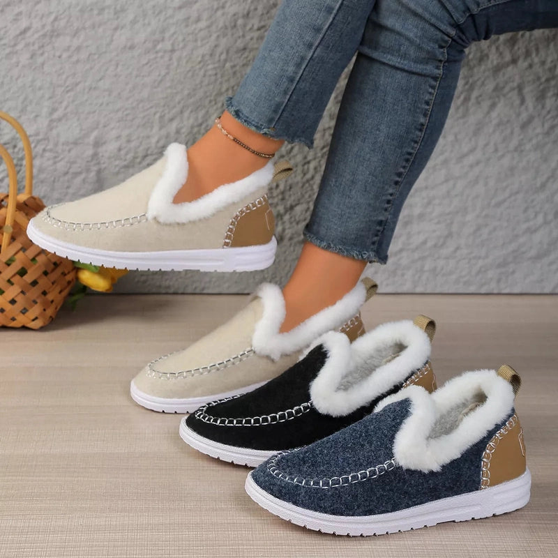 Three color variations of plush slip-ons: beige, black, and navy