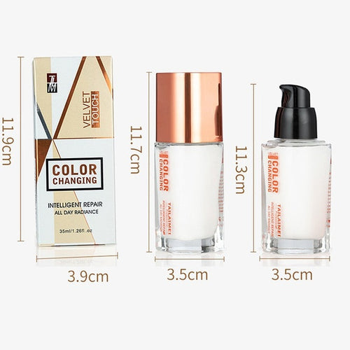 Size chart showing dimensions for Tailaimei 35ml foundation bottle and box