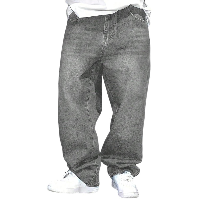 Close-up of gray washed jeans waistband, button fly, and pocket construction details