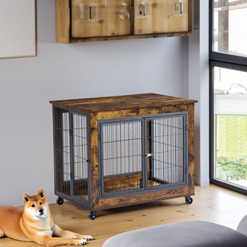 Furniture-Style Dog Crate & Side Table on Wheels – Rustic Brown with Lift Top & Double Doors