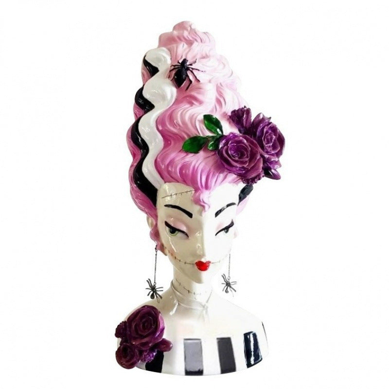 Halloween Pink Frankenstein Bride Half-Body Statue – Resin Home Decor