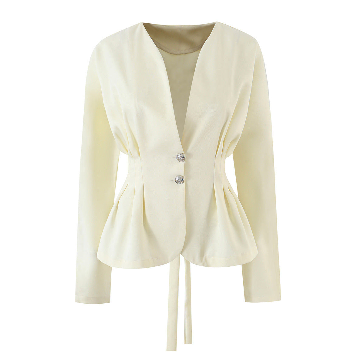 Women’s V-Neck Jacket & Pants Set – Long Sleeve, Beige Co-Ord