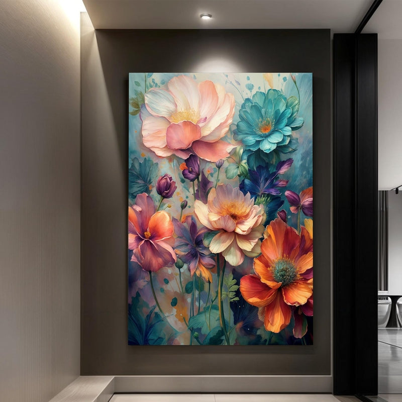 Spring Bouquet Wall Art gallery-wrapped canvas with pink and teal flowers