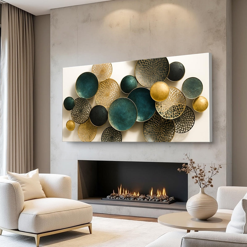 Teal and gold circular canvas art displayed above concrete fireplace in warm interior
