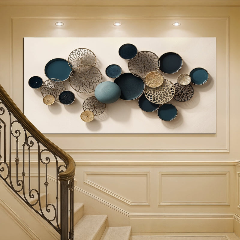 Teal gold abstract canvas hanging above staircase with ornate railing