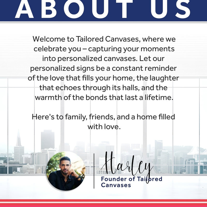 Tailored Canvases founder Harley portrait and company story graphic